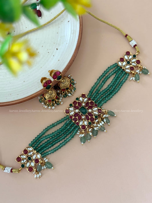 PASTEL BEADED SQUARE CHOKER SET WITH RUBY / GREEN STONES WITH PASTEL BEADS
