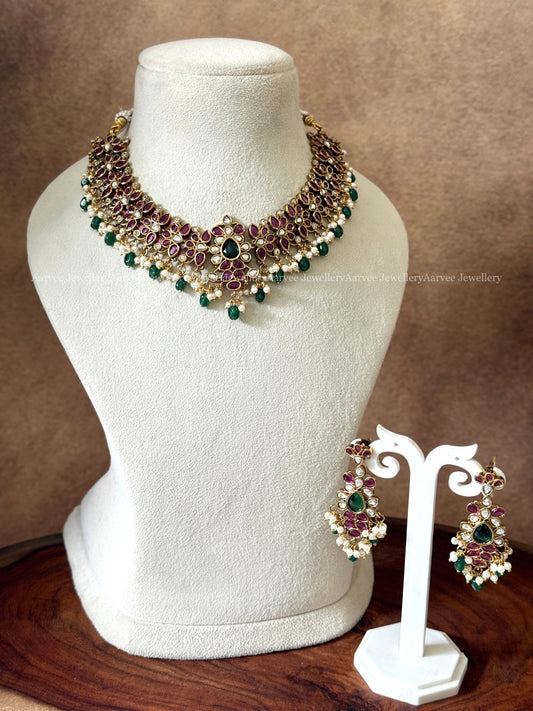 DEEP RUBY STONES FLORAL NECKLACE SET WITH GREEN BEADS