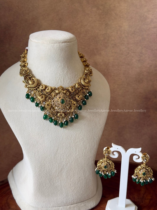 GOLD FINISH NON IDOL NECKLACE SET WITH GREEN BEADS