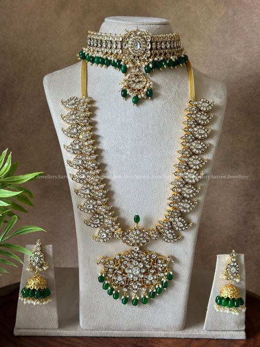 COMBO - KEMP WHITE STONE CHOKER & JADAU KUNDAN WHITE STONE MID LENGTH HARAM SET WITH GREEN BEADS