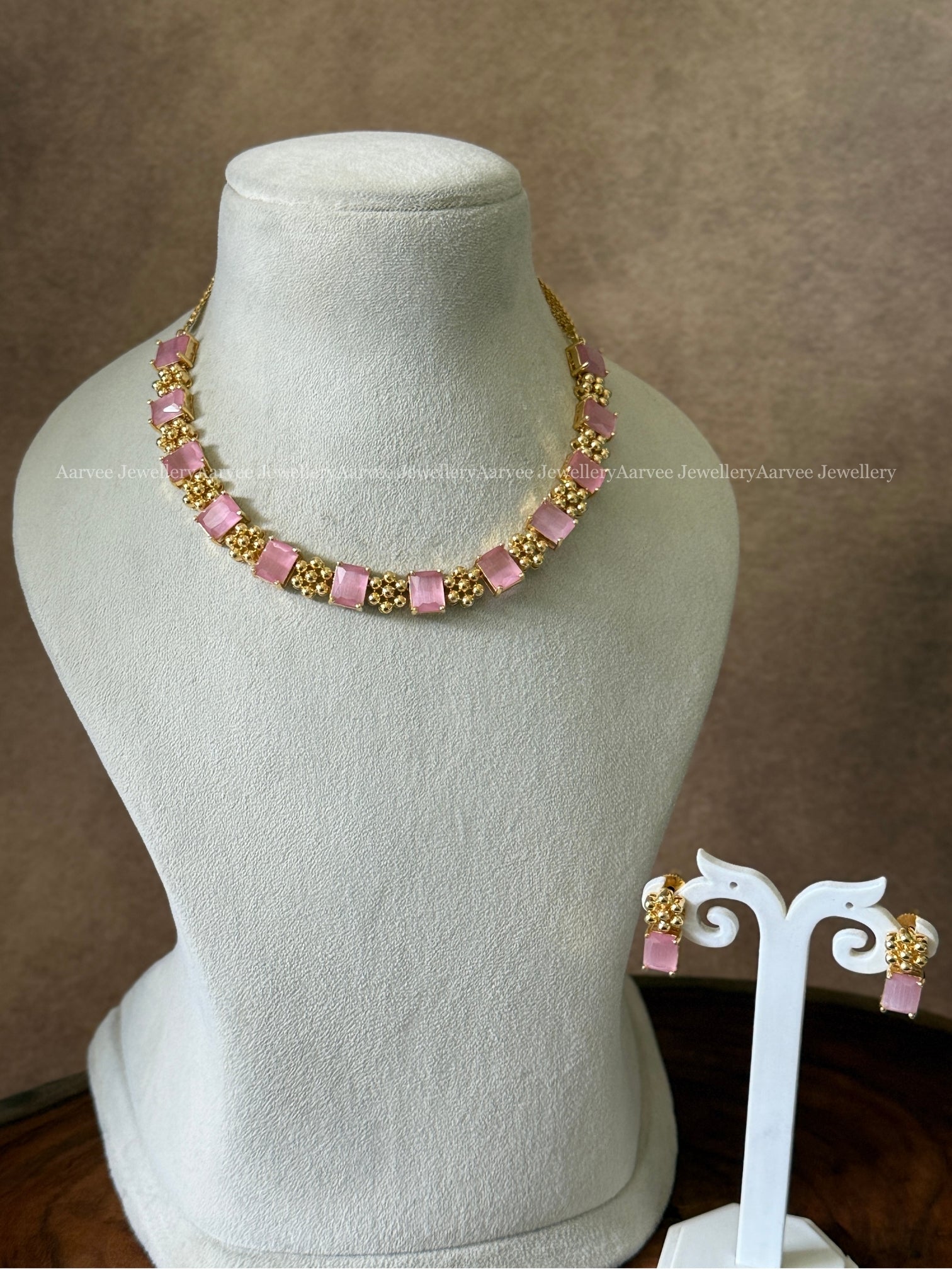 GOLD FINISH FLORAL AND CZ PASTEL PINK NECKLACE SET