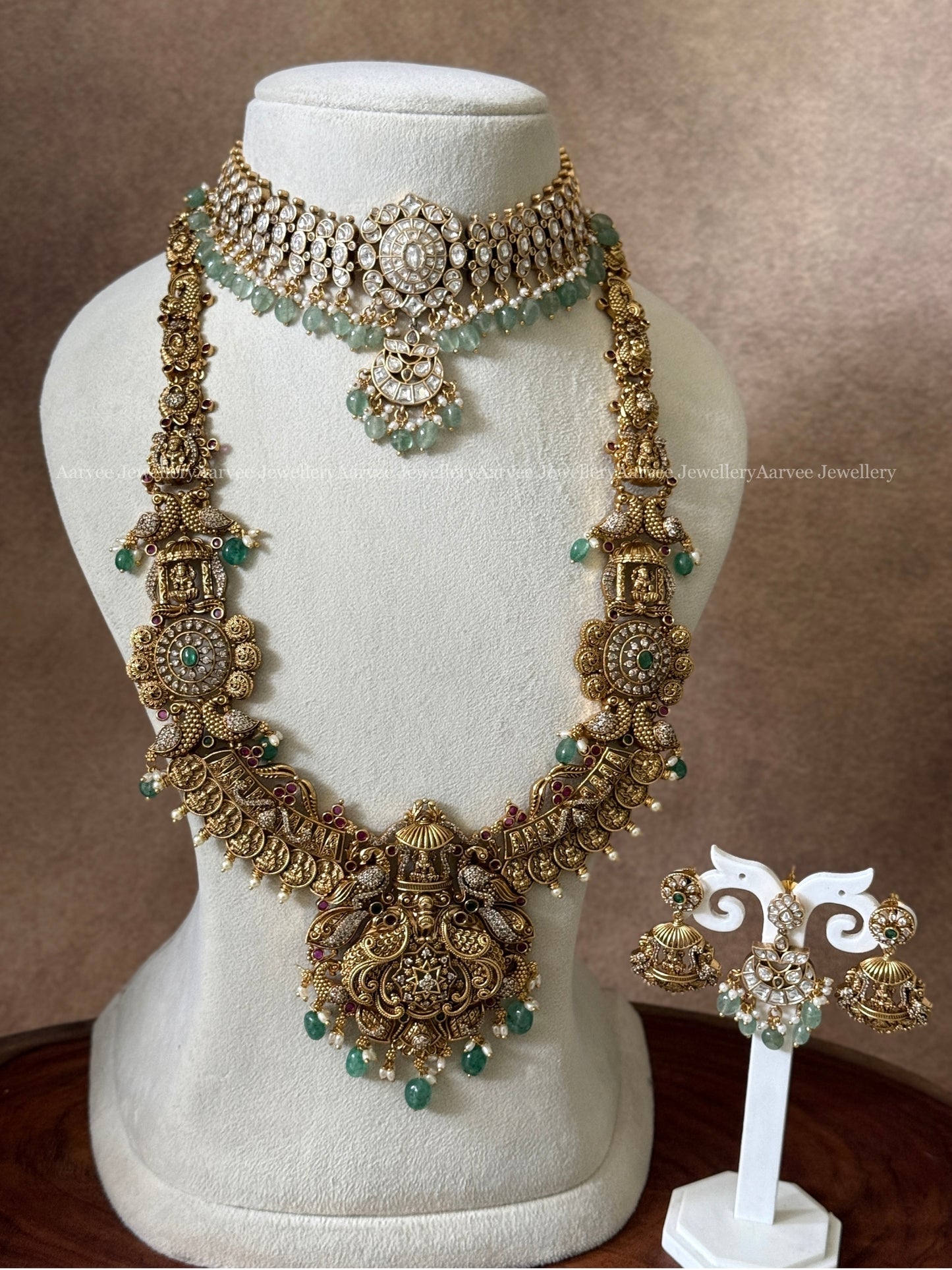 COMBO - WHITE STONE PREMIUM KUNDAN CHOKER & RUSTIC GOLD LAKSHMI MID LENGHTH HARAM SET WITH PASTEL BEADS