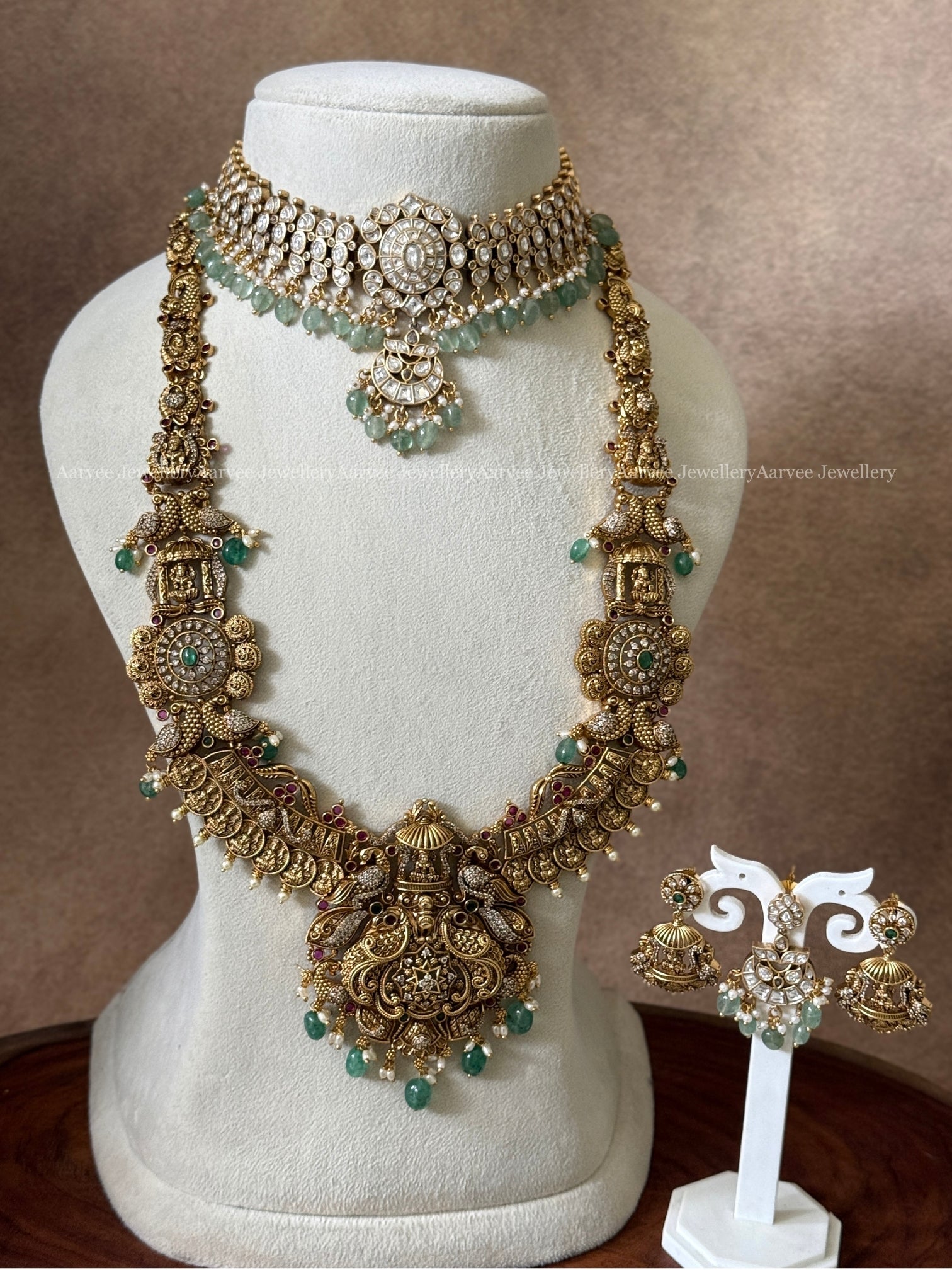 COMBO - WHITE STONE PREMIUM KUNDAN CHOKER & RUSTIC GOLD LAKSHMI MID LENGHTH HARAM SET WITH PASTEL BEADS