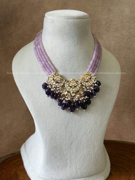 POLKI KUNDAN BEADED WHITE STONE LOTUS MOTIF NECKLACE WITH PURPLE BEADS
