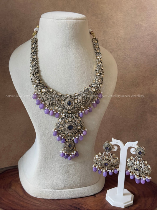 VICTORIAN TWO LAYER PENDANT MID LENGTH HARAM SET WITH LILAC BEADS