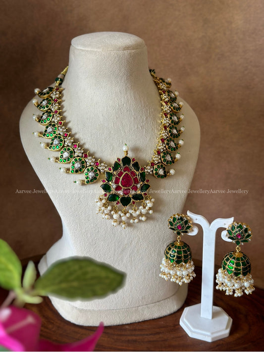 TRADITIONAL JADAU KUNDAN GREEN STONE MANGO MOTIF NECKLACE WITH LOTUS PENDANT PAIRED WITH LOTUS JHUMKI
