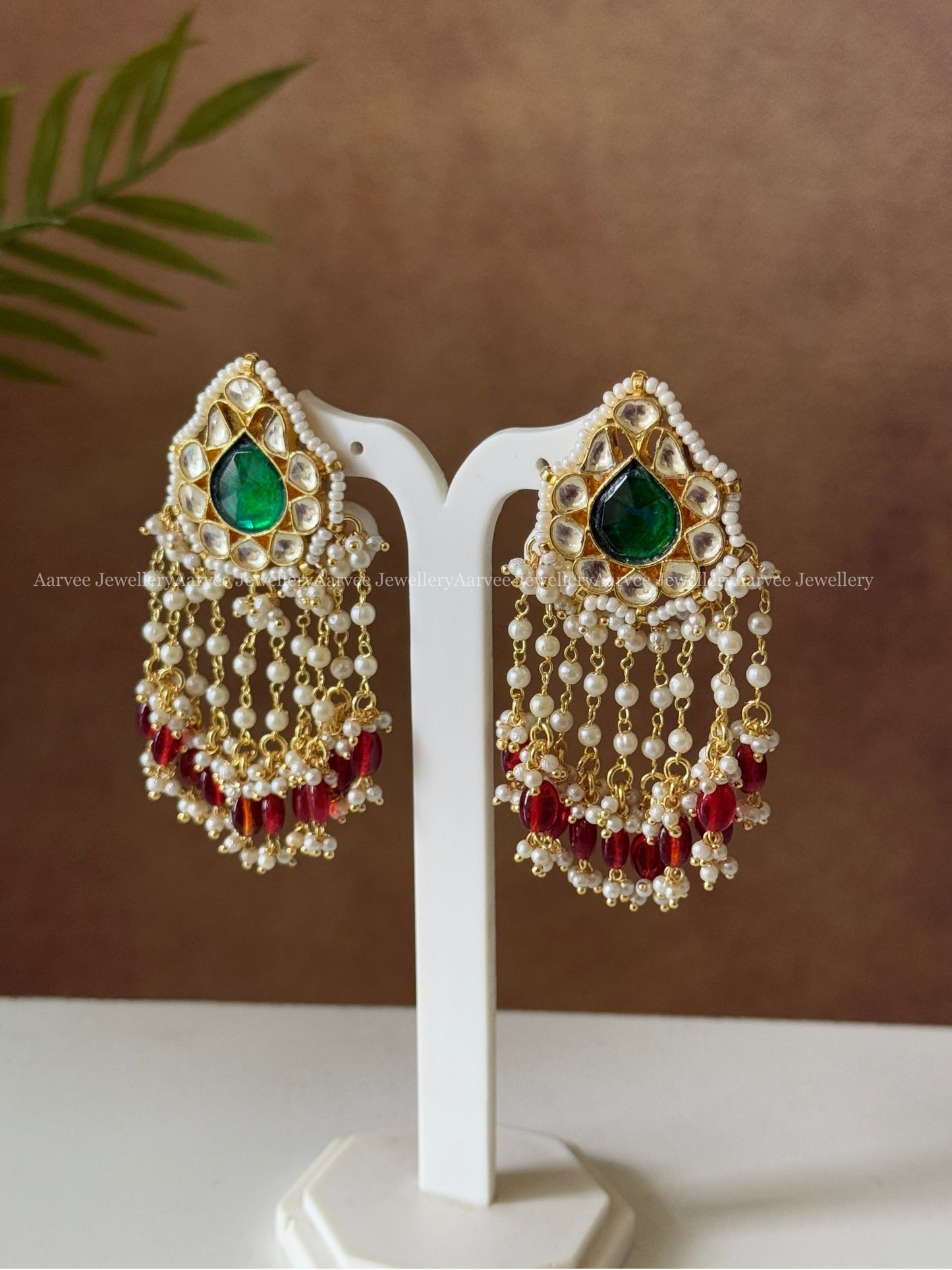 POLKI KUNDAN GREEN STONE DANGLER EARRINGS WITH RUBY BEADS