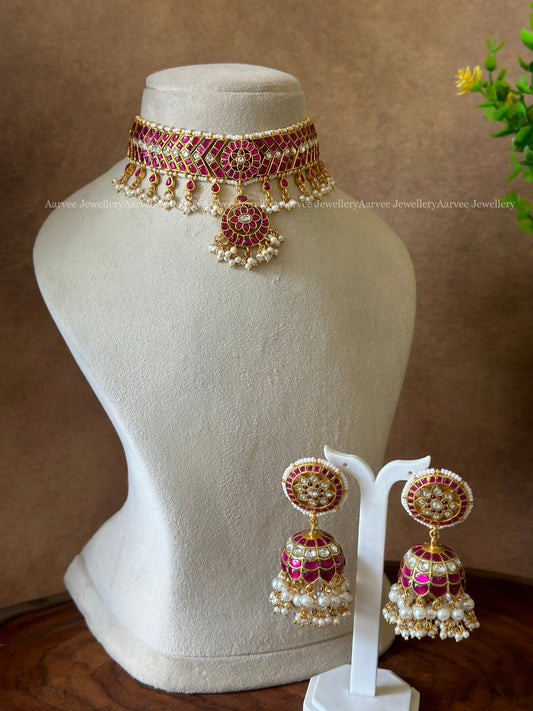JADAU KUNDAN CHOKER SET WITH PINK KUNDAN STONES & PEARLS