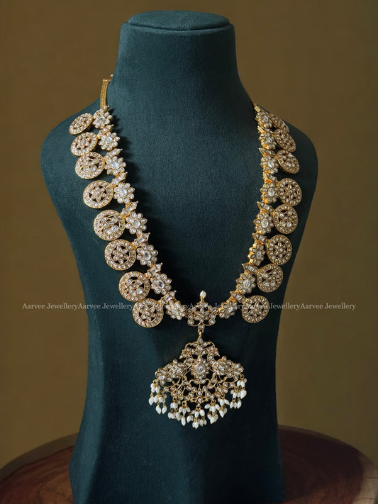 JADAU KUNDAN WHITE STONE BUTTA DESIGN HARAM WITH PEACOCK PENDANT
