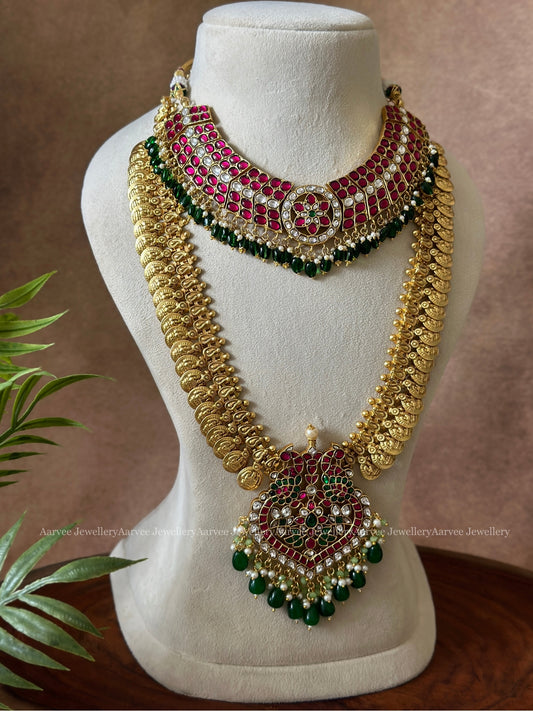 JADAU KUNDAN PINK STONE BUTTA CHOKER | JADAU GOLD COIN MID LENGTH CHAIN WITH PEACOCK PENDANT WITH GREEN BEADS