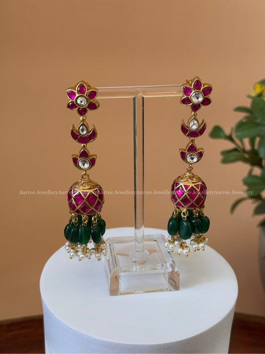 JADAU KUNDAN FLORAL LONG JHUMKI WITH RUBY STONES & GREEN BEADS