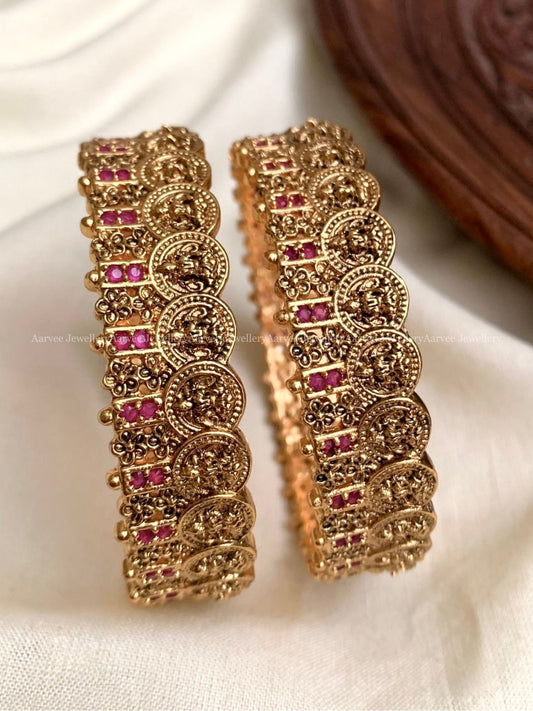 GOLD FINISH LAKSHMI COIN BANGLES WITH RUBY STONES
