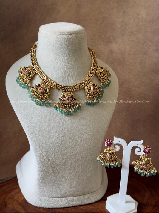 JALEBI NECKLACE SET FIVE PENDANT ELEPHANT MOTIF WITH PASTEL BEADS