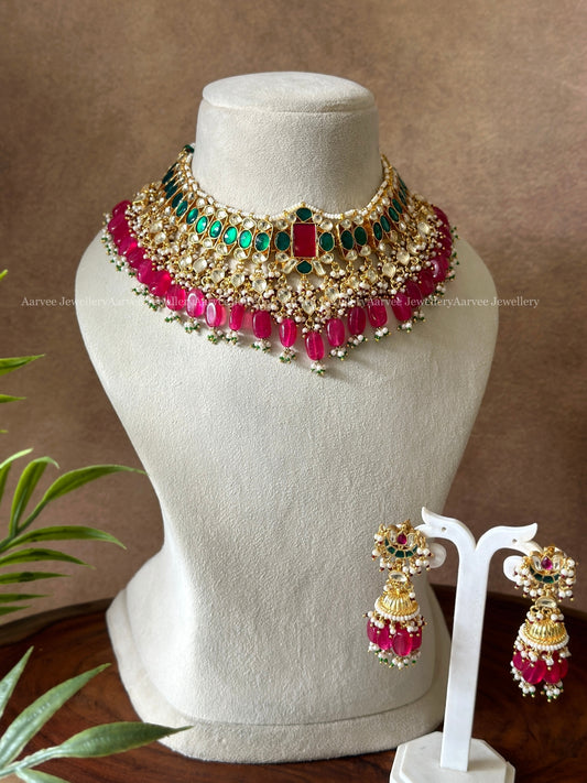 POLKI KUNDAN GREEN & WHITE STONES NECKALCE SET WITH RUBY BEADS