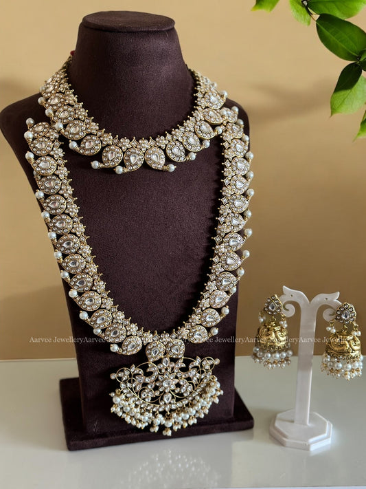COMBO - JADAU KUNDAN WHITE STONE MANGO MOTIF NECKLACE , HARAM AND JHUMKI WITH PEARLS