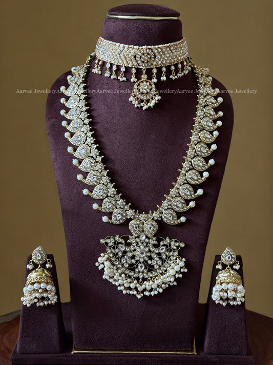 COMBO - JADAU KUNDAN WHITE STONE ADITI CHOKER WITH MANGO MOTIF HARAM AND JHUMKI WITH PEARLS