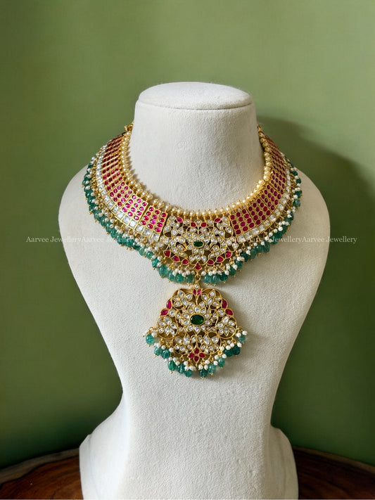 BRIDAL JADAU KUNDAN STATEMENT NECKLACE WITH RUBY STONES & PASTEL BEADS