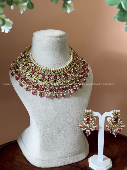 JADAU KUNDAN WHITE / PINK STONES BRIDAL NECKLACE SET WITH WINE COLOR BEADS