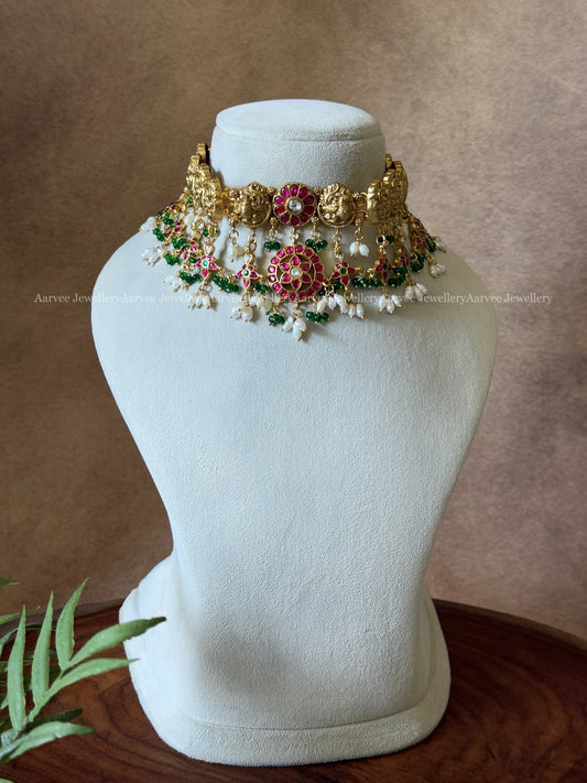 JADAU KUNDAN GOLD TONE ANNAM CHOKER WITH PINK FLORAL PENDANT RICE PEARLS & TINY GREEN BEADS