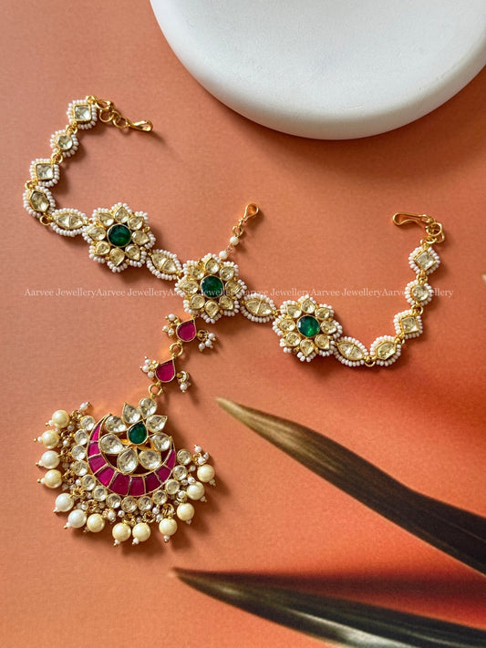 POLKI KUNDAN WHITE / GREEN STONE SHEESHPHOOL WITH FLORAL TIKKA