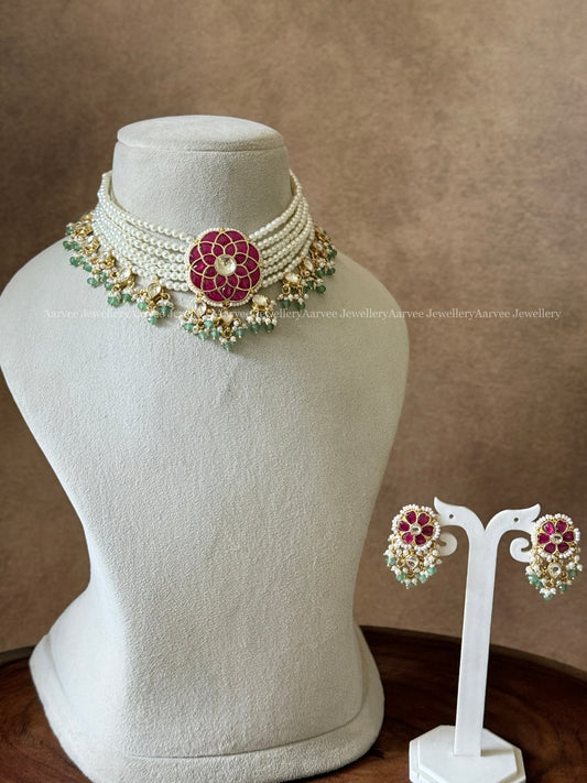 POLKI KUNDAN PEARL BEADED CHOKER SET WITH PINK FLORAL PENDANT & PASTEL BEAD DROPS