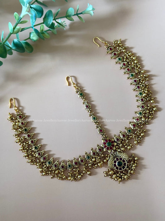 GOLD FINISH PEACOCK PENDANT MATHAPATI | KEMP STONES WITH GOLD BEADS