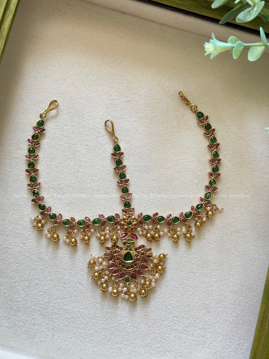 RUBY / GREEN STONE FLORAL MATHAPATHI WITH GOLD BEADS