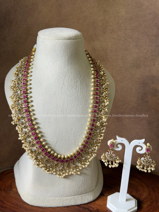 CZ STONES MID LENGTH HARAM SET WITH PEARL BUNCHES