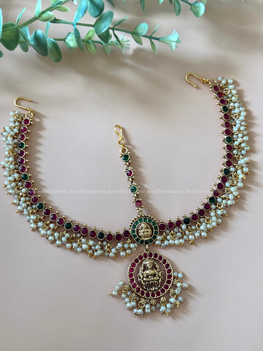 KEMP MATHAPATI LAKSHMI PENDANT WITH RUBY/GREEN STONES AND PEARLS | GOLD FINISH