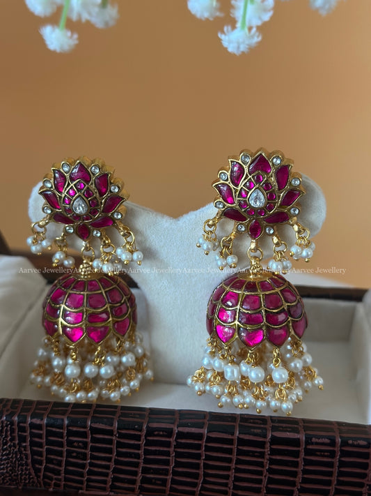 JADAU KUNDAN PINK STONE LOTUS JHUMKI WITH FULL PEARLS