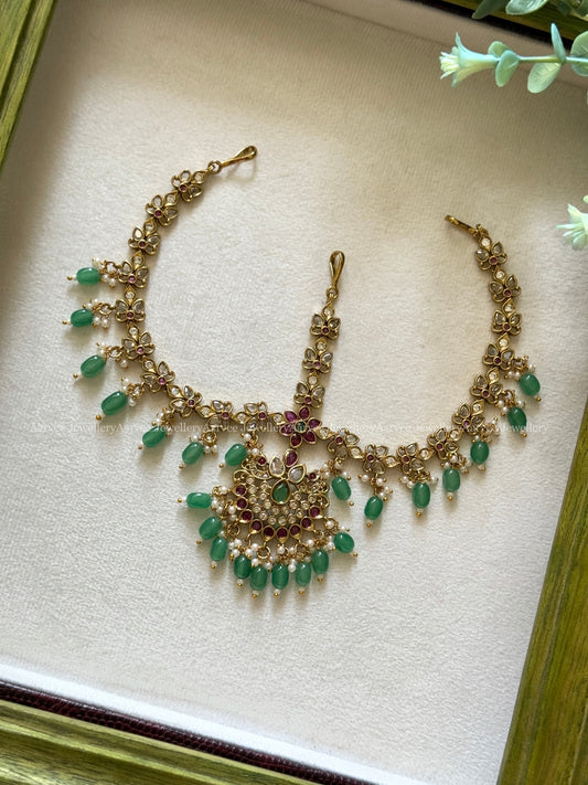 WHITE / PINK STONE FLORAL MATHAPATHI WITH PASTAL BEADS