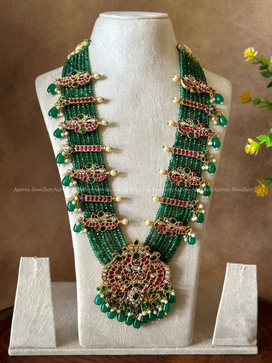 GREEN BEADED JADAU KUNDAN HARAM WITH SIDE PENDANTS