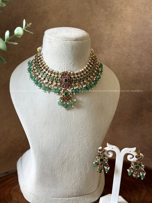 CZ WHITE / GREEN / PINK STONES NECKLACE SET WITH PASTEL BEADS