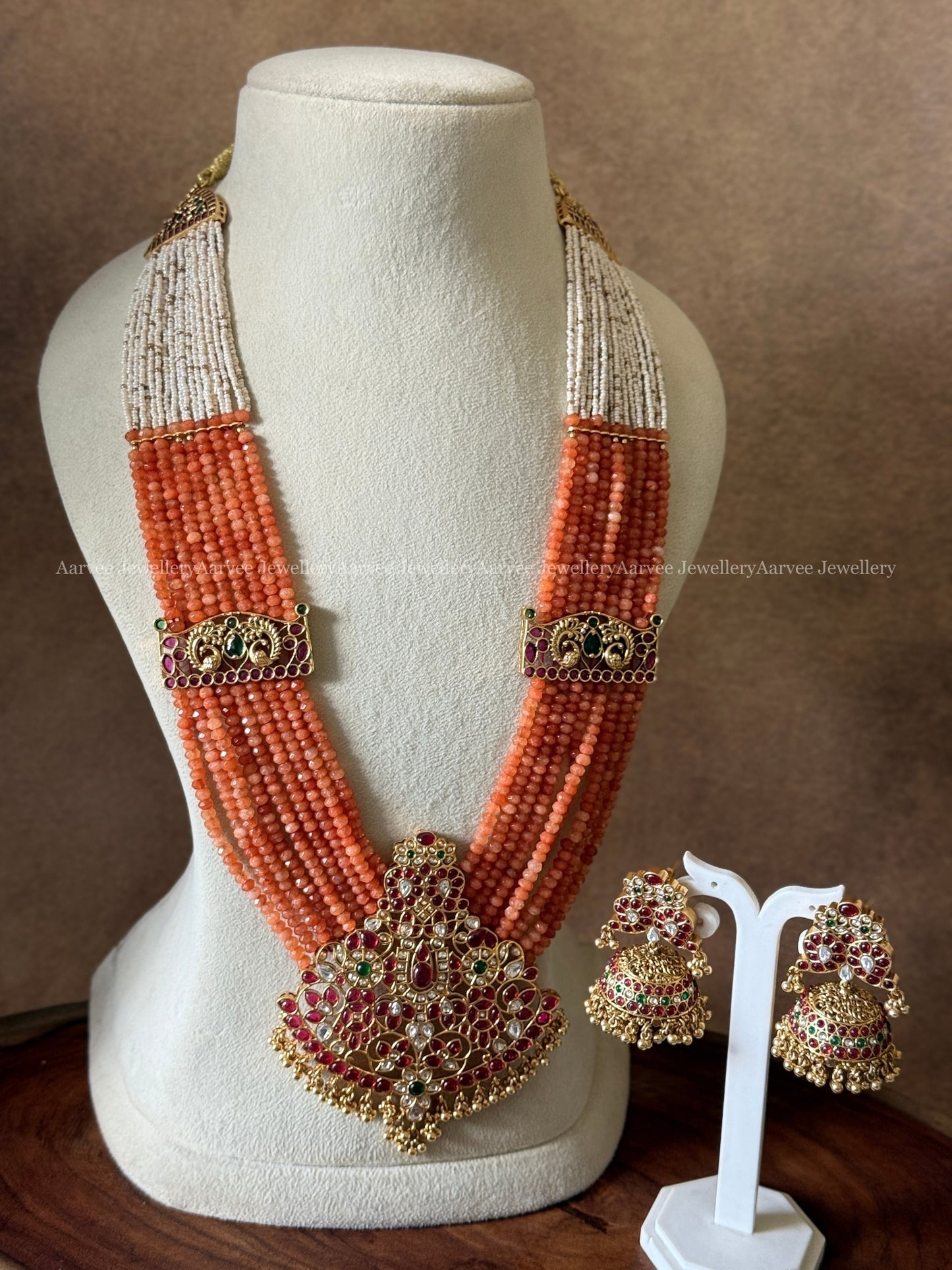 PEARL & ORANGE MULTI BEADED MID LENGTH HARAM SET WITH KEMP PENDANT