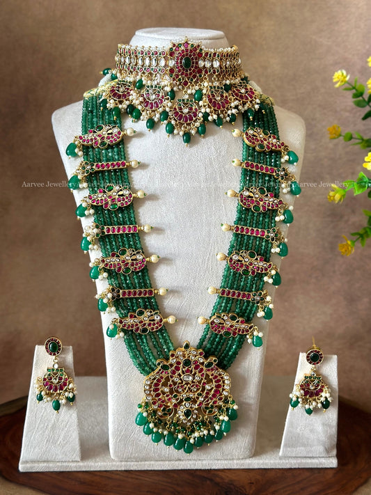 COMBO - KEMP MULTI PENDANT CHOKER SET WITH GREEN BEADS & GREEN BEADED JADAU KUNDAN HARAM WITH SIDE PENDANTS