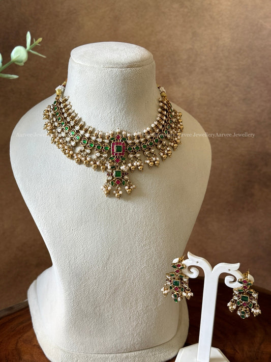 CZ WHITE / GREEN / PINK STONES NECKLACE SET WITH GOLD BEADS