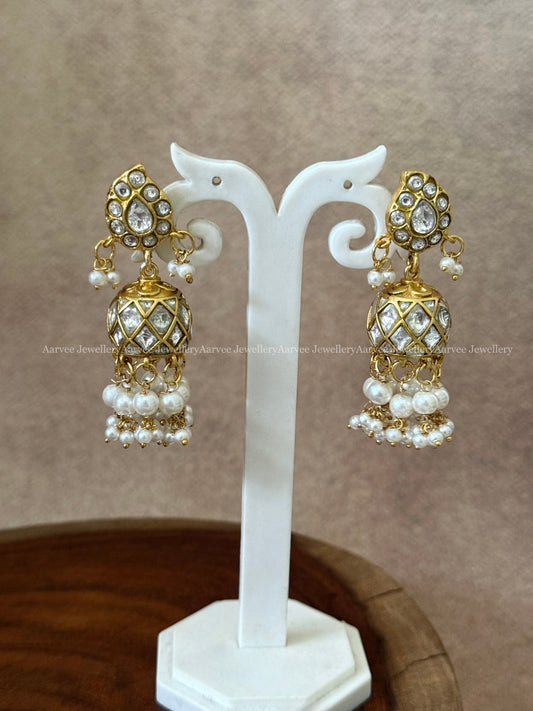 JADAU KUNDAN WHITE STONE MANGO JHUMKI WITH PEARLS