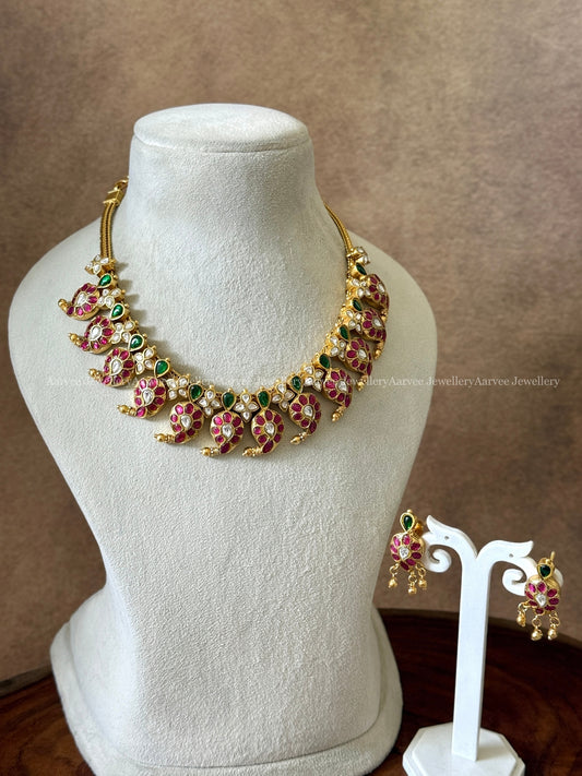 ELEGANT JADAU KUNDAN RUBY/GREEN STONES MANGO NECKLACE SET