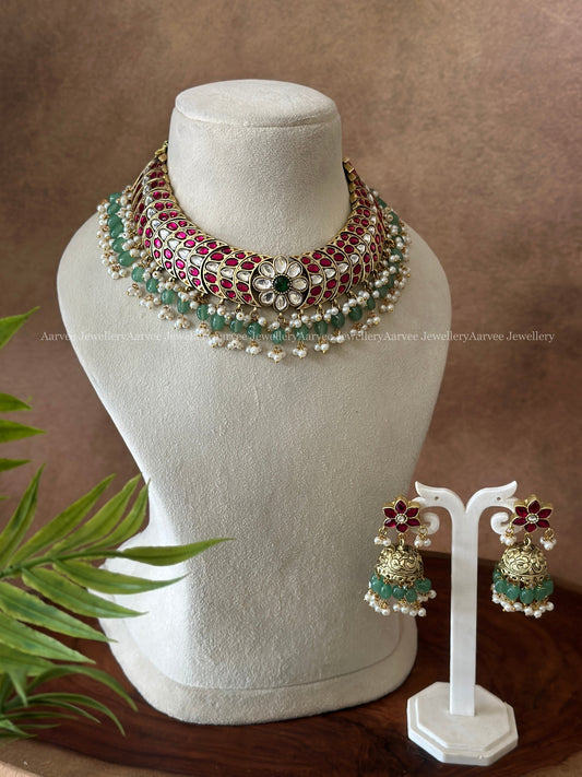JADAU KUNDAN RUBY STONE HALF MOON & FLORAL NECKLACE WITH JHUMKI IN PASTEL BEADS