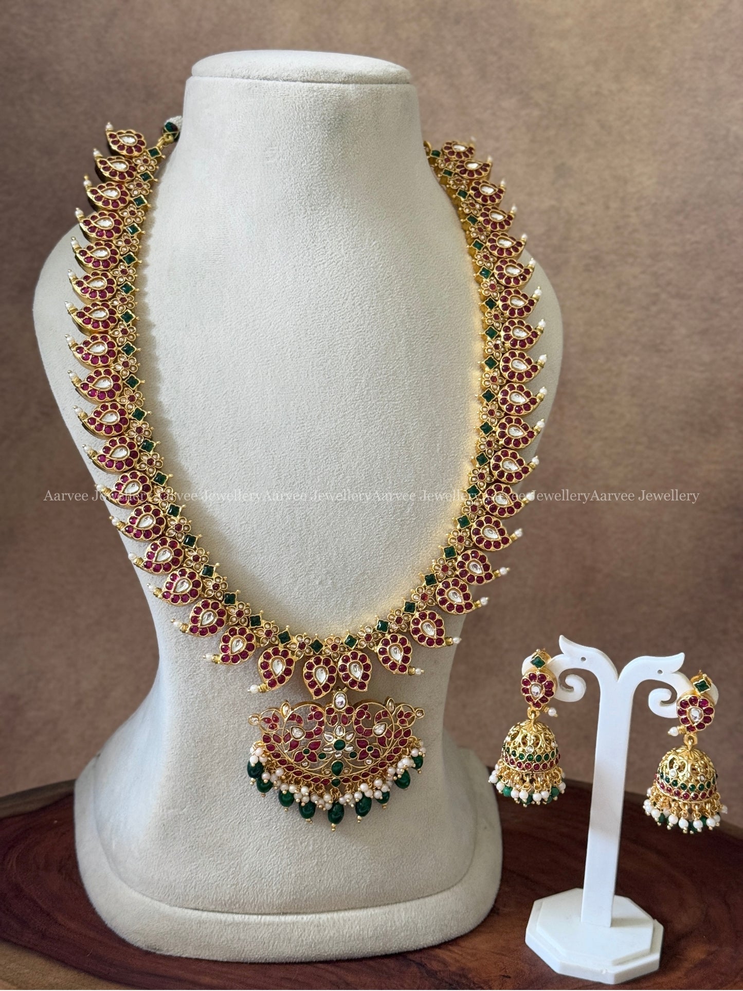 KEMP RUBY / GREEN STONES MANGO MOTIF HARAM SET WITH GREEN BEADS