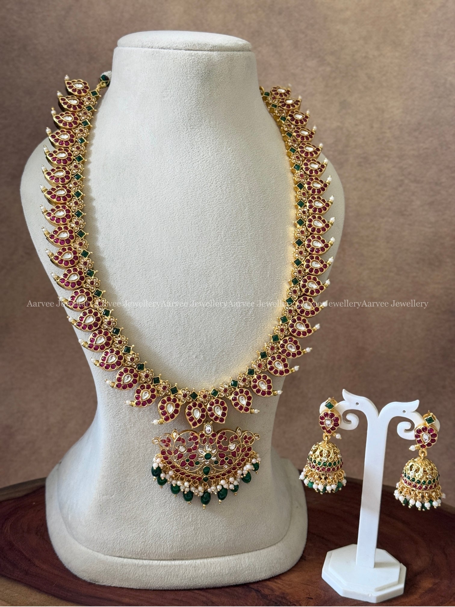 KEMP RUBY / GREEN STONES MANGO MOTIF HARAM SET WITH GREEN BEADS
