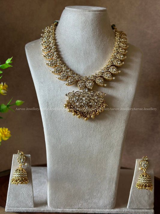 WHITE KUNDAN STONES MANGO MOTIF NECKLACE SET WITH GOLD BEADS