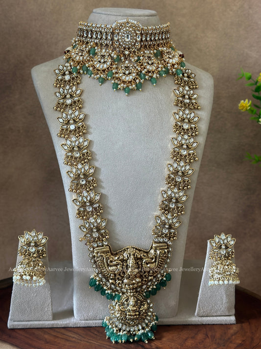 TEMPLE JEWELLERY | WHITE STONES LOTUS HARAM WITH LAKSHMI PENDANT AND WHITE STONES MULTI PENDANT CHOKER WITH PASTEL BEADS