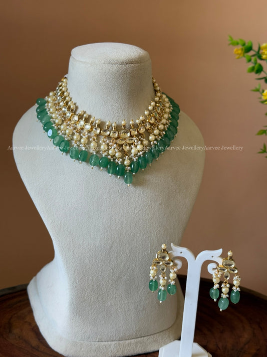 POLKI KUNDAN WHITE STONES NECKLACE SET WITH PASTEL BEADS