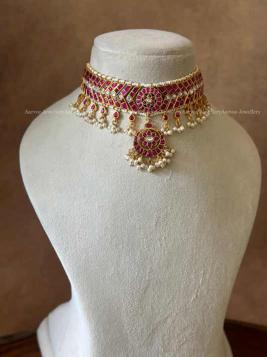 JADAU KUNDAN CHOKER WITH PINK STONES & PEARLS | Aditi Inspired