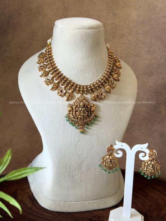 FULL GOLD NECKLACE SET WITH LAKSHMI PENDANT AND PASTEL BEADS