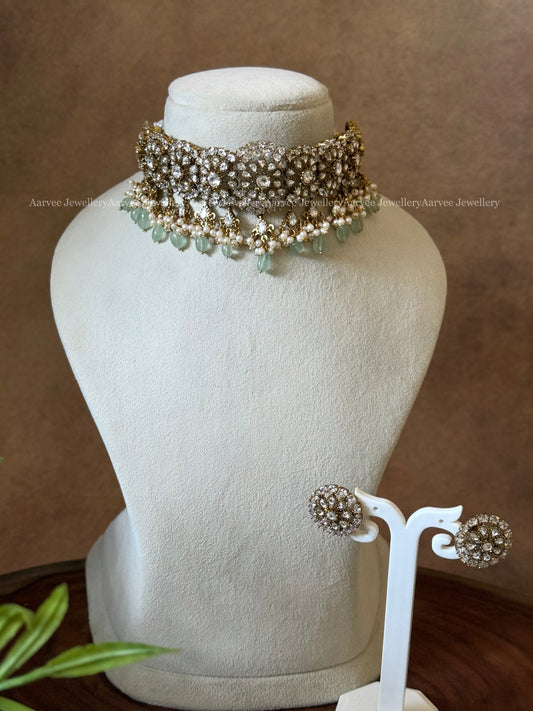 VICTORIAN WHITE STONE CHOKER SET WITH PASTEL BEADS