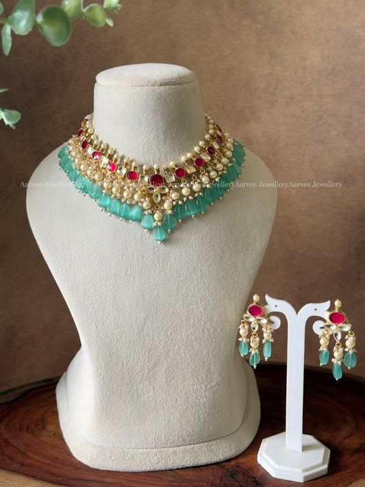POLKI KUNDAN NECKLACE SET WITH RUBY & WHITE STONES AND AQUA BLUE BEADS