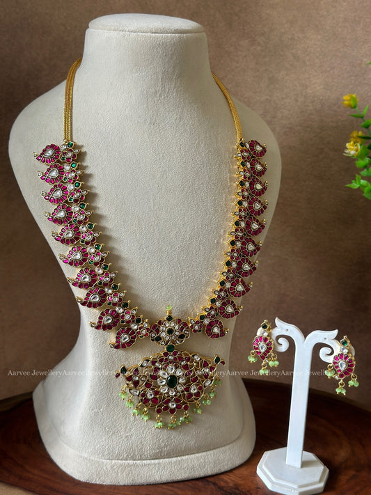 JADAU KUNDA RUBY STONE MANGO MOTIF HARAM SET WITH FLORAL PENDANT & TINY GREEN BEADS