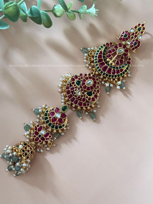 HAIR ACCESSORY WITH MANGO, LOTUS FLORAL MOTIF IN MULTI COLOR KEMP STONES WITH PASTEL BEADS MEDIUM LENGTH